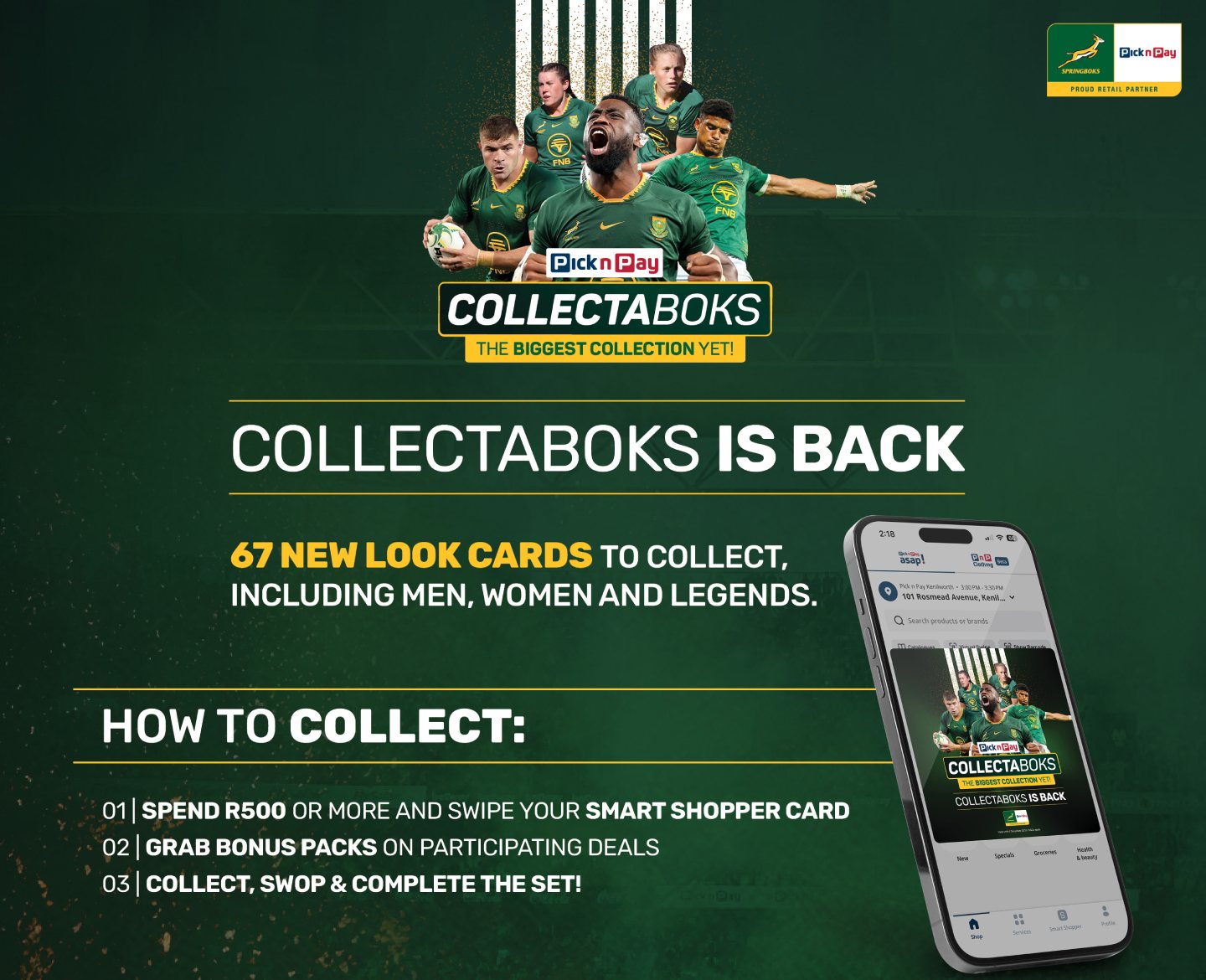 Pick n Pay Collectaboks is back, the biggest collection yet: 67 new look cards to collect, including men, women and legends.